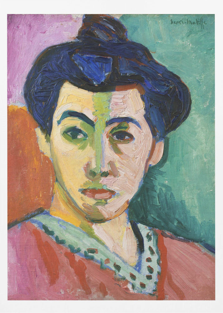 A Fauvist portrait painting by Henri Matisse, 'The Green Stripe,' featuring a woman with dark hair in an updo. Her face is strikingly rendered with unrealistic colors, bisected by a prominent green stripe. The background is composed of bold, flat planes of pink, orange, and teal. Print