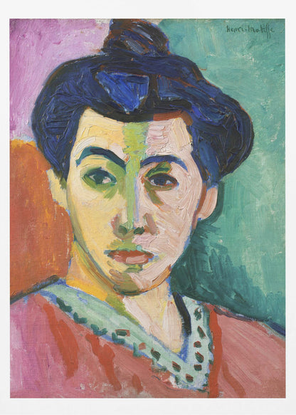 A Fauvist portrait painting by Henri Matisse, 'The Green Stripe,' featuring a woman with dark hair in an updo. Her face is strikingly rendered with unrealistic colors, bisected by a prominent green stripe. The background is composed of bold, flat planes of pink, orange, and teal. Print