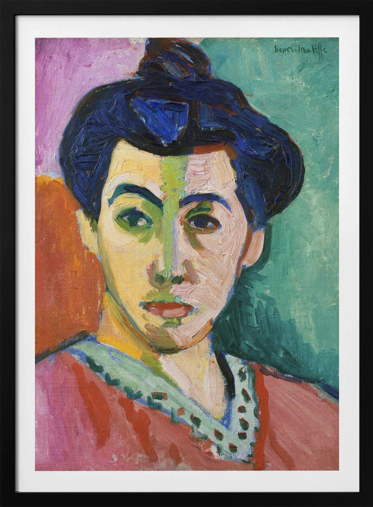 A Fauvist portrait painting by Henri Matisse, 'The Green Stripe,' featuring a woman with dark hair in an updo. Her face is strikingly rendered with unrealistic colors, bisected by a prominent green stripe. The background is composed of bold, flat planes of pink, orange, and teal. Print