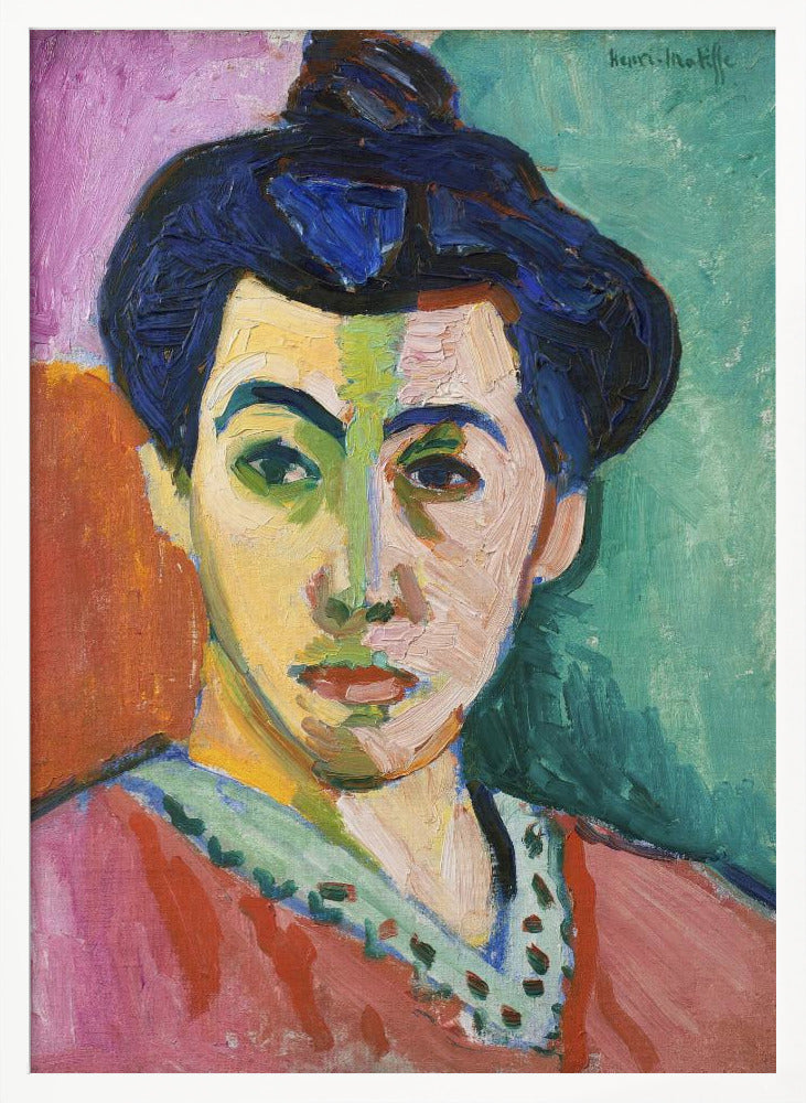 A Fauvist portrait painting by Henri Matisse, 'The Green Stripe,' featuring a woman with dark hair in an updo. Her face is strikingly rendered with unrealistic colors, bisected by a prominent green stripe. The background is composed of bold, flat planes of pink, orange, and teal. Print