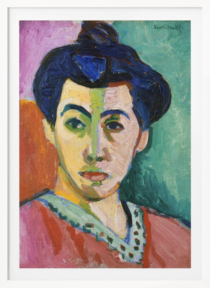A Fauvist portrait painting by Henri Matisse, 'The Green Stripe,' featuring a woman with dark hair in an updo. Her face is strikingly rendered with unrealistic colors, bisected by a prominent green stripe. The background is composed of bold, flat planes of pink, orange, and teal. Print