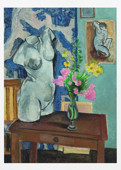 A colorful still life painting by Henri Matisse depicting a white plaster torso of a woman on a dark brown table next to a vase of bright pink and yellow flowers. The background features a blue and white patterned fabric and a light blue wall with a small framed nude drawing. Decor