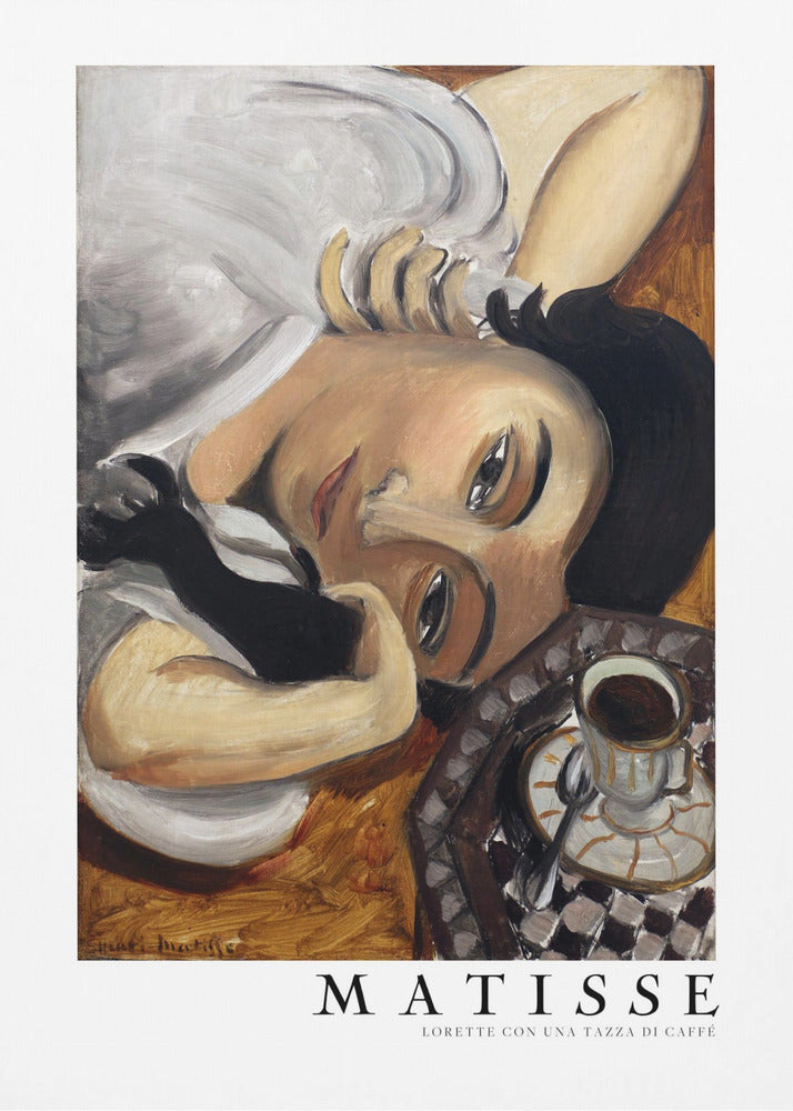 A framed art print of Henri Matisse's painting, 'Lorette con una tazza di caffè' (Lorette with a Cup of Coffee). The portrait features a woman with dark hair lying down, gazing directly at the viewer, with a cup of coffee on a checkered saucer beside her. The artist's name and the title are printed below the image. Decor