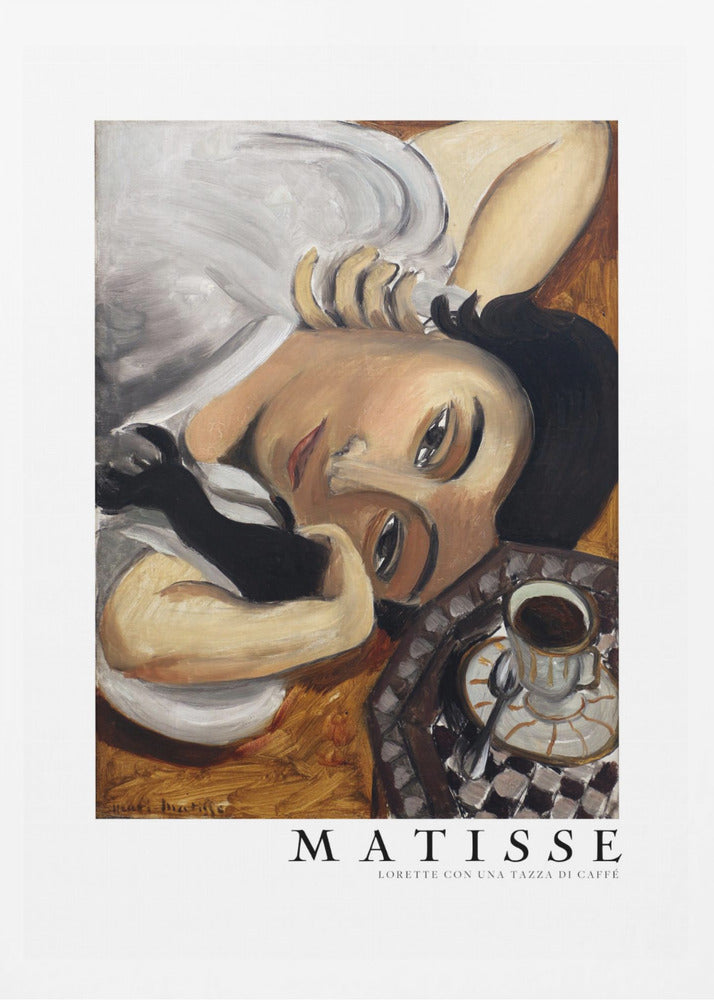 A framed art print of Henri Matisse's painting, 'Lorette con una tazza di caffè' (Lorette with a Cup of Coffee). The portrait features a woman with dark hair lying down, gazing directly at the viewer, with a cup of coffee on a checkered saucer beside her. The artist's name and the title are printed below the image. Decor