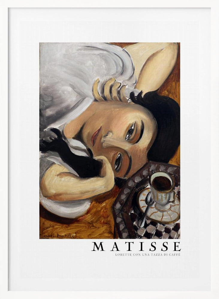 A framed art print of Henri Matisse's painting, 'Lorette con una tazza di caffè' (Lorette with a Cup of Coffee). The portrait features a woman with dark hair lying down, gazing directly at the viewer, with a cup of coffee on a checkered saucer beside her. The artist's name and the title are printed below the image. Decor