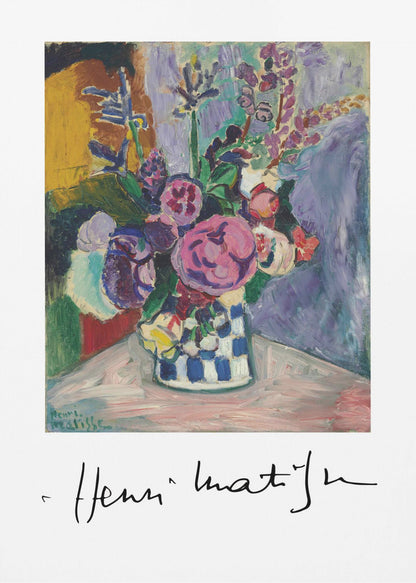 A framed art print of a vibrant Henri Matisse painting. The still life features a bouquet of colorful pink, purple, and white flowers in a blue and white checkered vase, set against a multi-toned background. The artist's signature is displayed below the painting on the white mat. Print