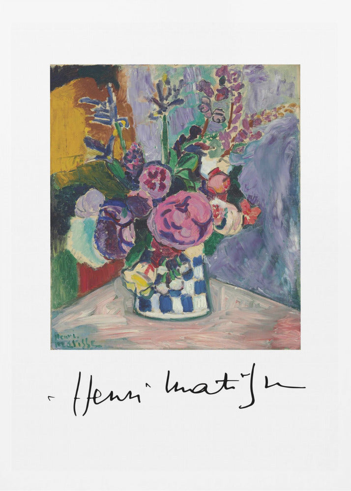 A framed art print of a vibrant Henri Matisse painting. The still life features a bouquet of colorful pink, purple, and white flowers in a blue and white checkered vase, set against a multi-toned background. The artist's signature is displayed below the painting on the white mat. Print