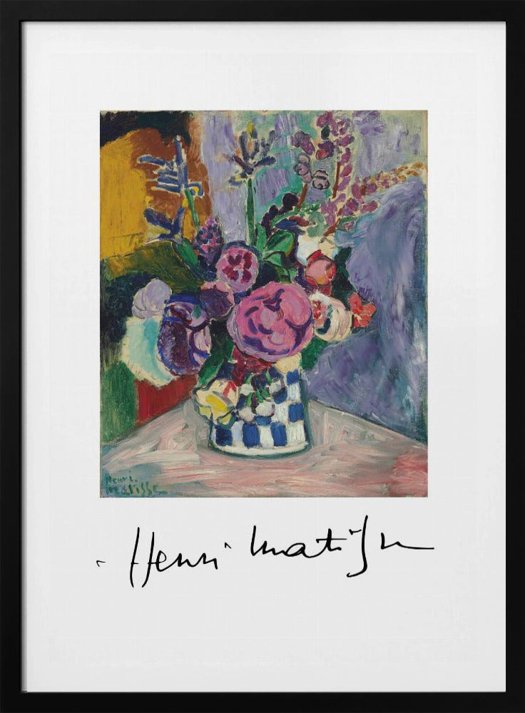 A framed art print of a vibrant Henri Matisse painting. The still life features a bouquet of colorful pink, purple, and white flowers in a blue and white checkered vase, set against a multi-toned background. The artist's signature is displayed below the painting on the white mat. Print