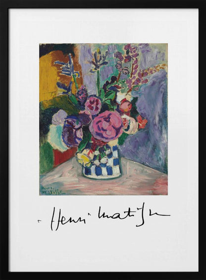 A framed art print of a vibrant Henri Matisse painting. The still life features a bouquet of colorful pink, purple, and white flowers in a blue and white checkered vase, set against a multi-toned background. The artist's signature is displayed below the painting on the white mat. Print
