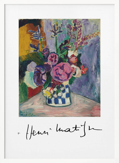 A framed art print of a vibrant Henri Matisse painting. The still life features a bouquet of colorful pink, purple, and white flowers in a blue and white checkered vase, set against a multi-toned background. The artist's signature is displayed below the painting on the white mat. Print