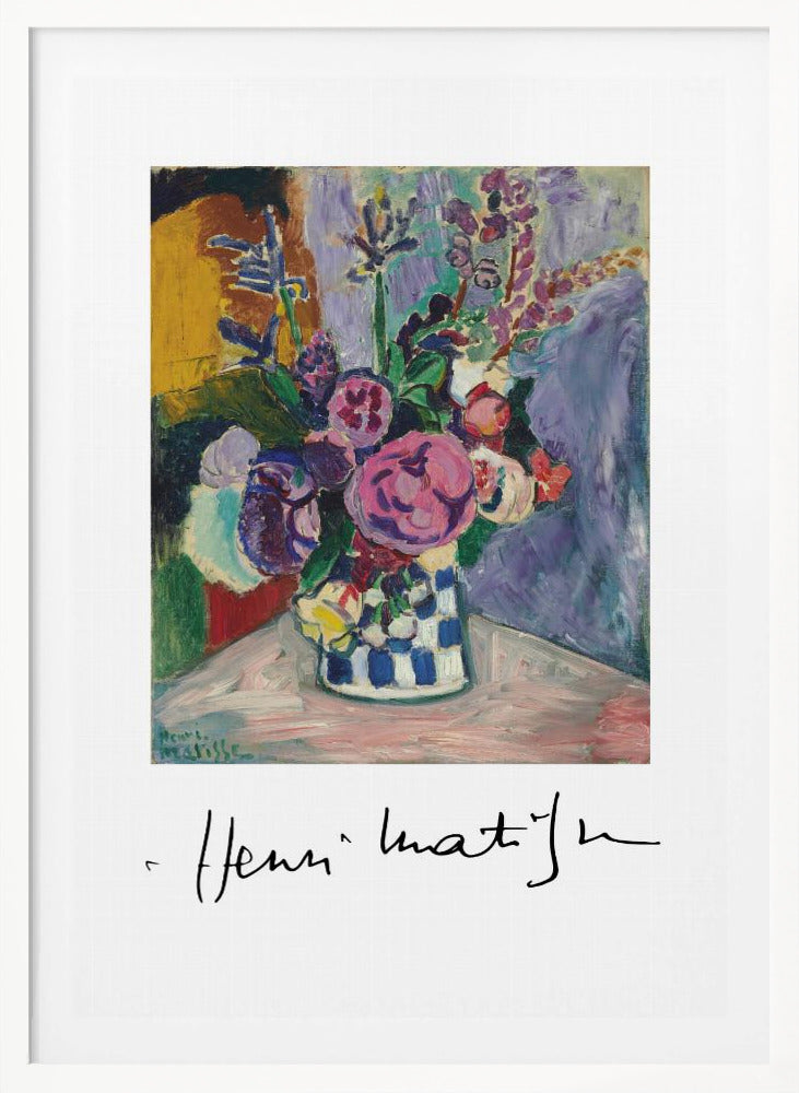 A framed art print of a vibrant Henri Matisse painting. The still life features a bouquet of colorful pink, purple, and white flowers in a blue and white checkered vase, set against a multi-toned background. The artist's signature is displayed below the painting on the white mat. Print