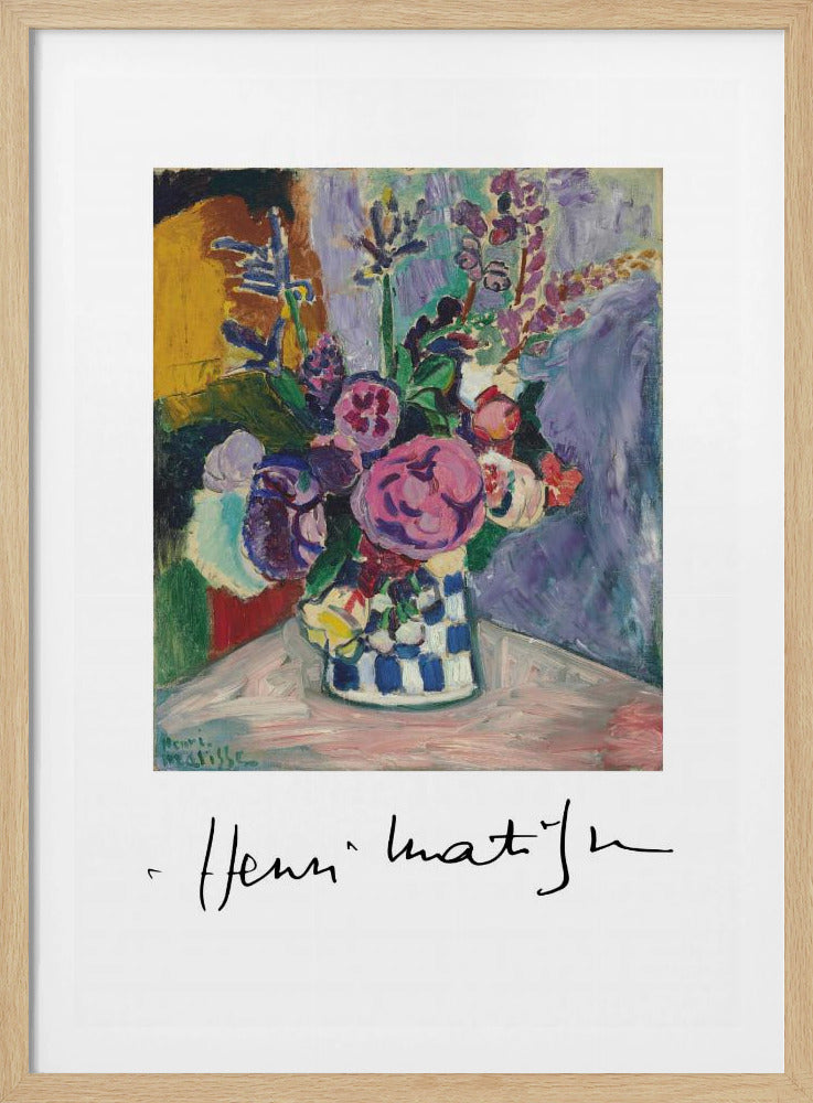 A framed art print of a vibrant Henri Matisse painting. The still life features a bouquet of colorful pink, purple, and white flowers in a blue and white checkered vase, set against a multi-toned background. The artist's signature is displayed below the painting on the white mat. Print