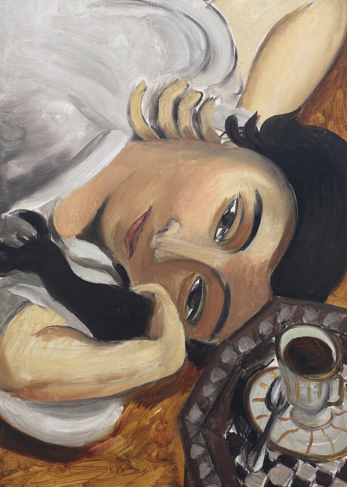 A Fauvist-style painting depicting a woman with dark hair and one black glove, reclining with her head tilted towards the viewer. Next to her is a checkered tray holding a cup of coffee. Poster