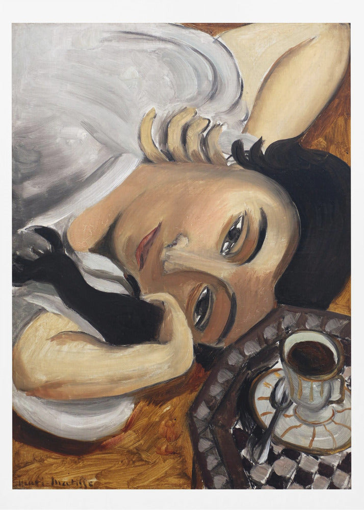 A Fauvist-style painting depicting a woman with dark hair and one black glove, reclining with her head tilted towards the viewer. Next to her is a checkered tray holding a cup of coffee. Poster