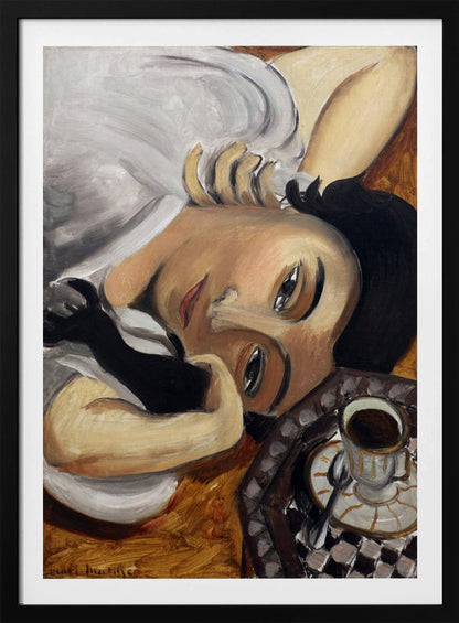A Fauvist-style painting depicting a woman with dark hair and one black glove, reclining with her head tilted towards the viewer. Next to her is a checkered tray holding a cup of coffee. Poster