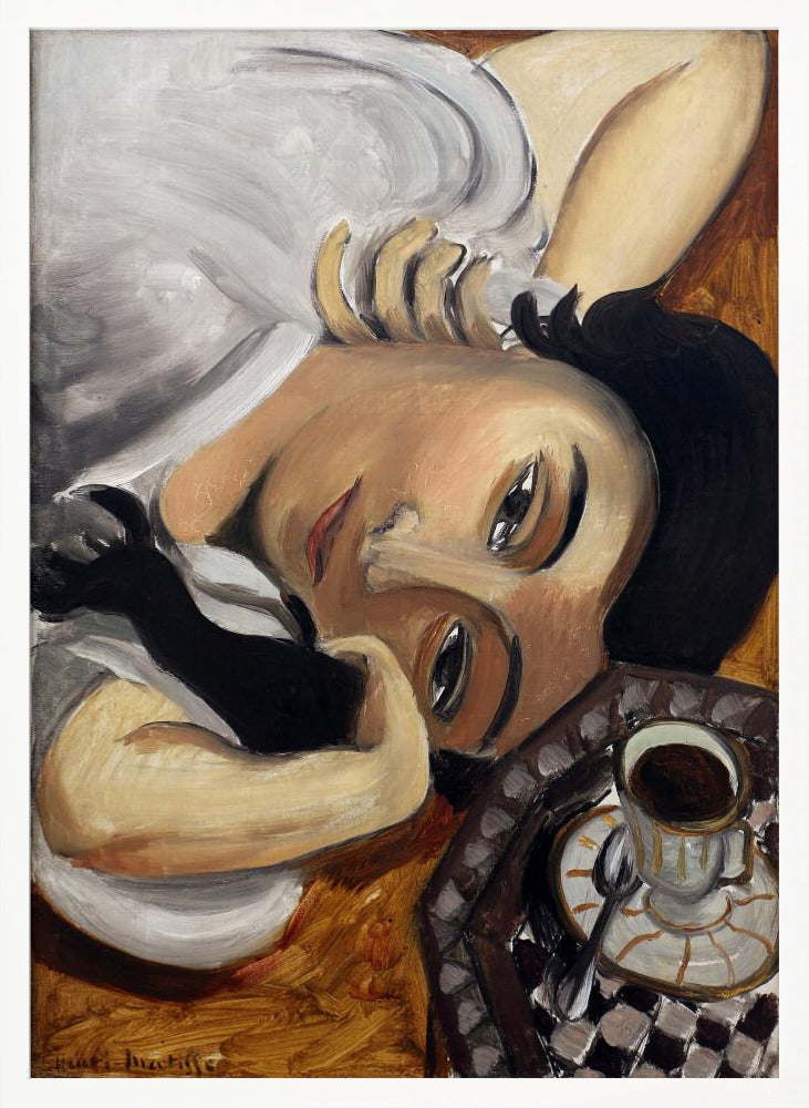 A Fauvist-style painting depicting a woman with dark hair and one black glove, reclining with her head tilted towards the viewer. Next to her is a checkered tray holding a cup of coffee. Poster