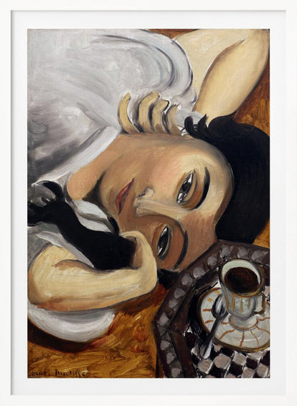 A Fauvist-style painting depicting a woman with dark hair and one black glove, reclining with her head tilted towards the viewer. Next to her is a checkered tray holding a cup of coffee. Poster