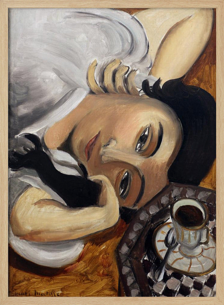 A Fauvist-style painting depicting a woman with dark hair and one black glove, reclining with her head tilted towards the viewer. Next to her is a checkered tray holding a cup of coffee. Poster
