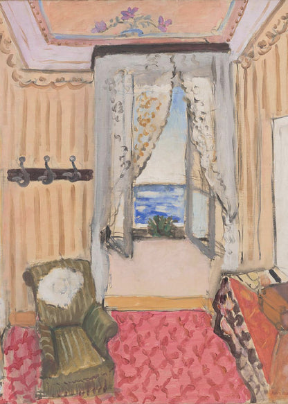 An impressionistic painting of a cozy room with an open window overlooking a bright blue sea. The room is decorated with peach-colored walls, a pink patterned rug, and a green armchair, creating a warm, inviting atmosphere. Print