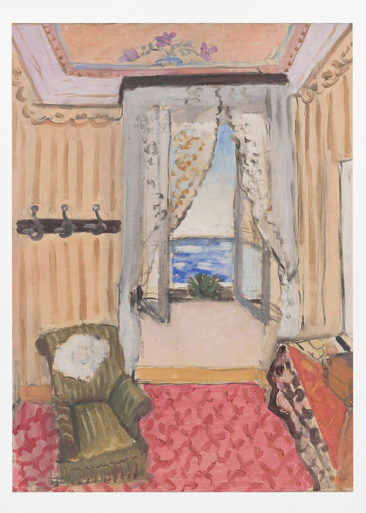An impressionistic painting of a cozy room with an open window overlooking a bright blue sea. The room is decorated with peach-colored walls, a pink patterned rug, and a green armchair, creating a warm, inviting atmosphere. Print