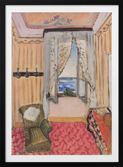 An impressionistic painting of a cozy room with an open window overlooking a bright blue sea. The room is decorated with peach-colored walls, a pink patterned rug, and a green armchair, creating a warm, inviting atmosphere. Print