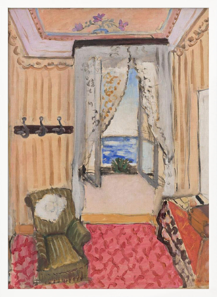 An impressionistic painting of a cozy room with an open window overlooking a bright blue sea. The room is decorated with peach-colored walls, a pink patterned rug, and a green armchair, creating a warm, inviting atmosphere. Print
