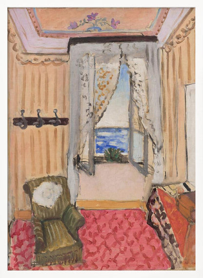 An impressionistic painting of a cozy room with an open window overlooking a bright blue sea. The room is decorated with peach-colored walls, a pink patterned rug, and a green armchair, creating a warm, inviting atmosphere. Print