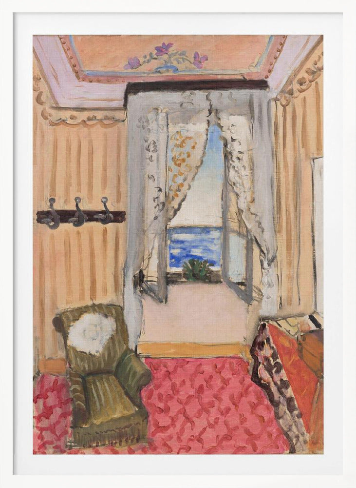 An impressionistic painting of a cozy room with an open window overlooking a bright blue sea. The room is decorated with peach-colored walls, a pink patterned rug, and a green armchair, creating a warm, inviting atmosphere. Print
