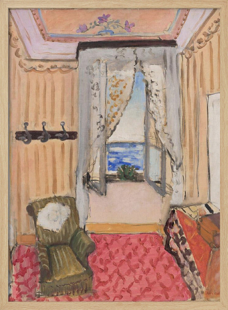 An impressionistic painting of a cozy room with an open window overlooking a bright blue sea. The room is decorated with peach-colored walls, a pink patterned rug, and a green armchair, creating a warm, inviting atmosphere. Print