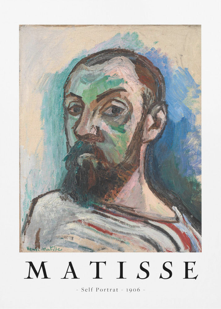 A framed art print of Henri Matisse's 'Self Portrait' from 1906. The Fauvist painting features a man with a dark beard, rendered in bold strokes of green, beige, and brown, against a vibrant blue and light green background. Below the artwork, text reads 'MATISSE - Self Portrait - 1906'. Wall Art