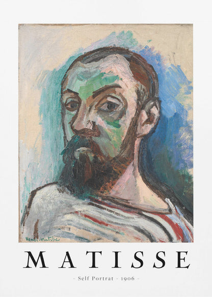 A framed art print of Henri Matisse's 'Self Portrait' from 1906. The Fauvist painting features a man with a dark beard, rendered in bold strokes of green, beige, and brown, against a vibrant blue and light green background. Below the artwork, text reads 'MATISSE - Self Portrait - 1906'. Wall Art