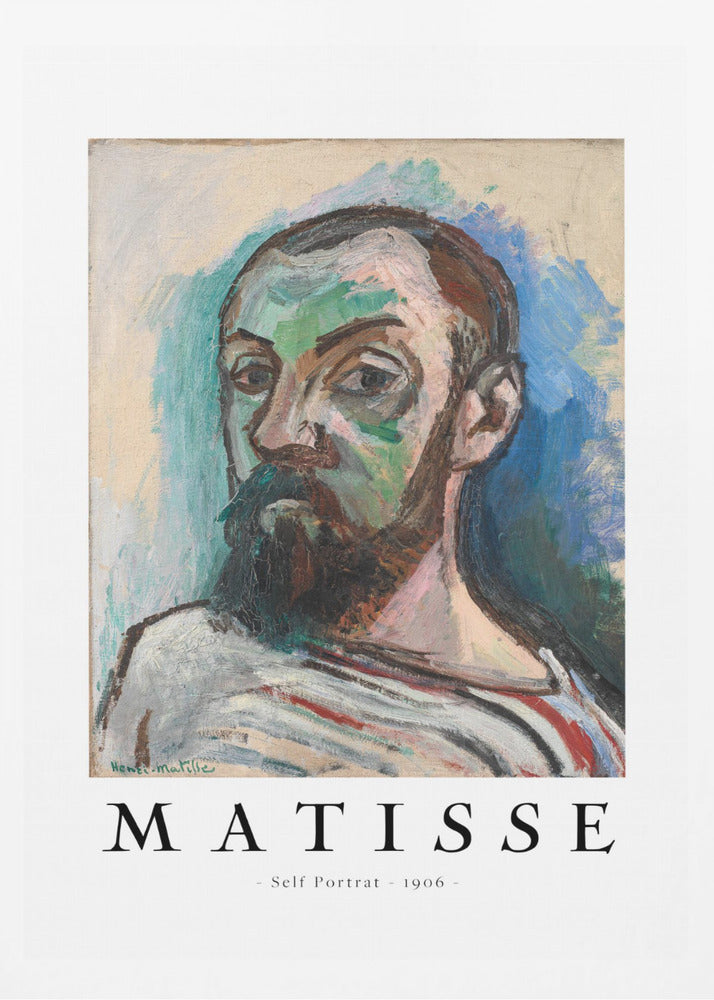 A framed art print of Henri Matisse's 'Self Portrait' from 1906. The Fauvist painting features a man with a dark beard, rendered in bold strokes of green, beige, and brown, against a vibrant blue and light green background. Below the artwork, text reads 'MATISSE - Self Portrait - 1906'. Wall Art