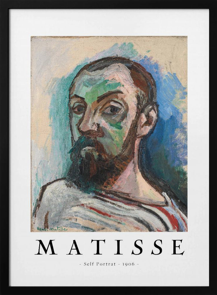 A framed art print of Henri Matisse's 'Self Portrait' from 1906. The Fauvist painting features a man with a dark beard, rendered in bold strokes of green, beige, and brown, against a vibrant blue and light green background. Below the artwork, text reads 'MATISSE - Self Portrait - 1906'. Wall Art