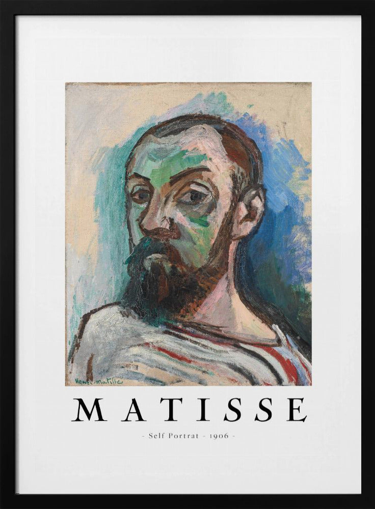 A framed art print of Henri Matisse's 'Self Portrait' from 1906. The Fauvist painting features a man with a dark beard, rendered in bold strokes of green, beige, and brown, against a vibrant blue and light green background. Below the artwork, text reads 'MATISSE - Self Portrait - 1906'. Wall Art