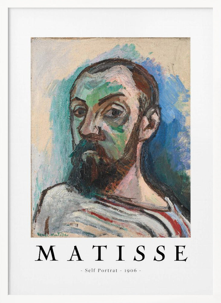 A framed art print of Henri Matisse's 'Self Portrait' from 1906. The Fauvist painting features a man with a dark beard, rendered in bold strokes of green, beige, and brown, against a vibrant blue and light green background. Below the artwork, text reads 'MATISSE - Self Portrait - 1906'. Wall Art