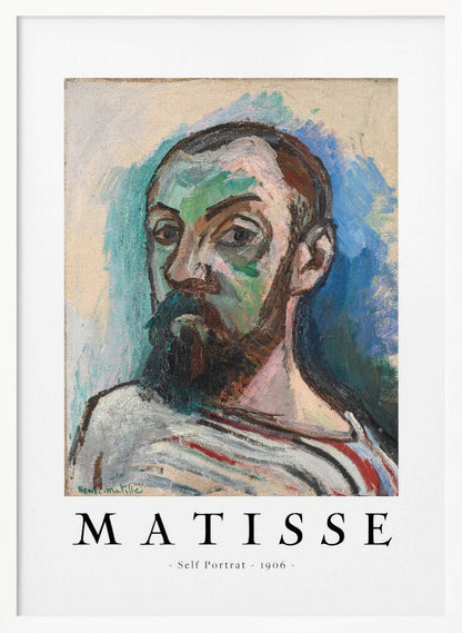 A framed art print of Henri Matisse's 'Self Portrait' from 1906. The Fauvist painting features a man with a dark beard, rendered in bold strokes of green, beige, and brown, against a vibrant blue and light green background. Below the artwork, text reads 'MATISSE - Self Portrait - 1906'. Wall Art
