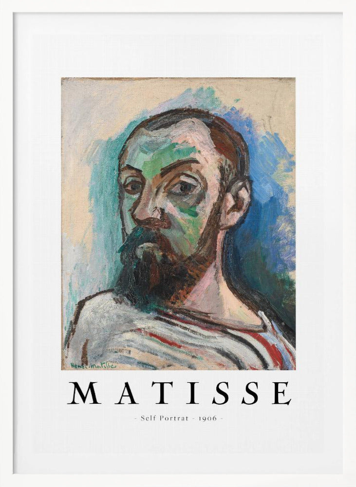 A framed art print of Henri Matisse's 'Self Portrait' from 1906. The Fauvist painting features a man with a dark beard, rendered in bold strokes of green, beige, and brown, against a vibrant blue and light green background. Below the artwork, text reads 'MATISSE - Self Portrait - 1906'. Wall Art