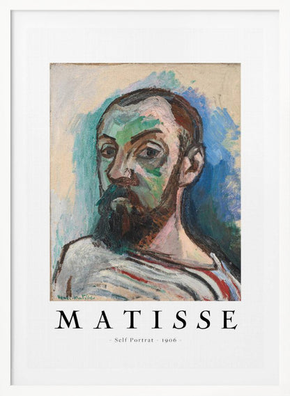 A framed art print of Henri Matisse's 'Self Portrait' from 1906. The Fauvist painting features a man with a dark beard, rendered in bold strokes of green, beige, and brown, against a vibrant blue and light green background. Below the artwork, text reads 'MATISSE - Self Portrait - 1906'. Wall Art