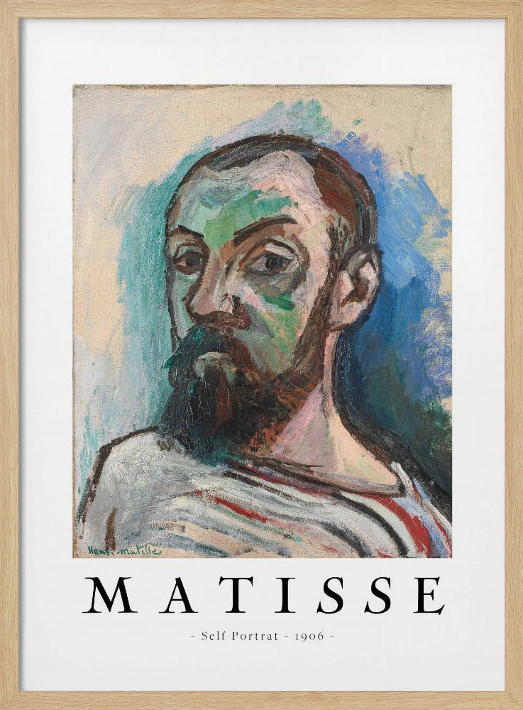 A framed art print of Henri Matisse's 'Self Portrait' from 1906. The Fauvist painting features a man with a dark beard, rendered in bold strokes of green, beige, and brown, against a vibrant blue and light green background. Below the artwork, text reads 'MATISSE - Self Portrait - 1906'. Wall Art