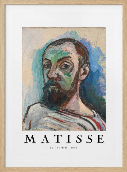 A framed art print of Henri Matisse's 'Self Portrait' from 1906. The Fauvist painting features a man with a dark beard, rendered in bold strokes of green, beige, and brown, against a vibrant blue and light green background. Below the artwork, text reads 'MATISSE - Self Portrait - 1906'. Wall Art