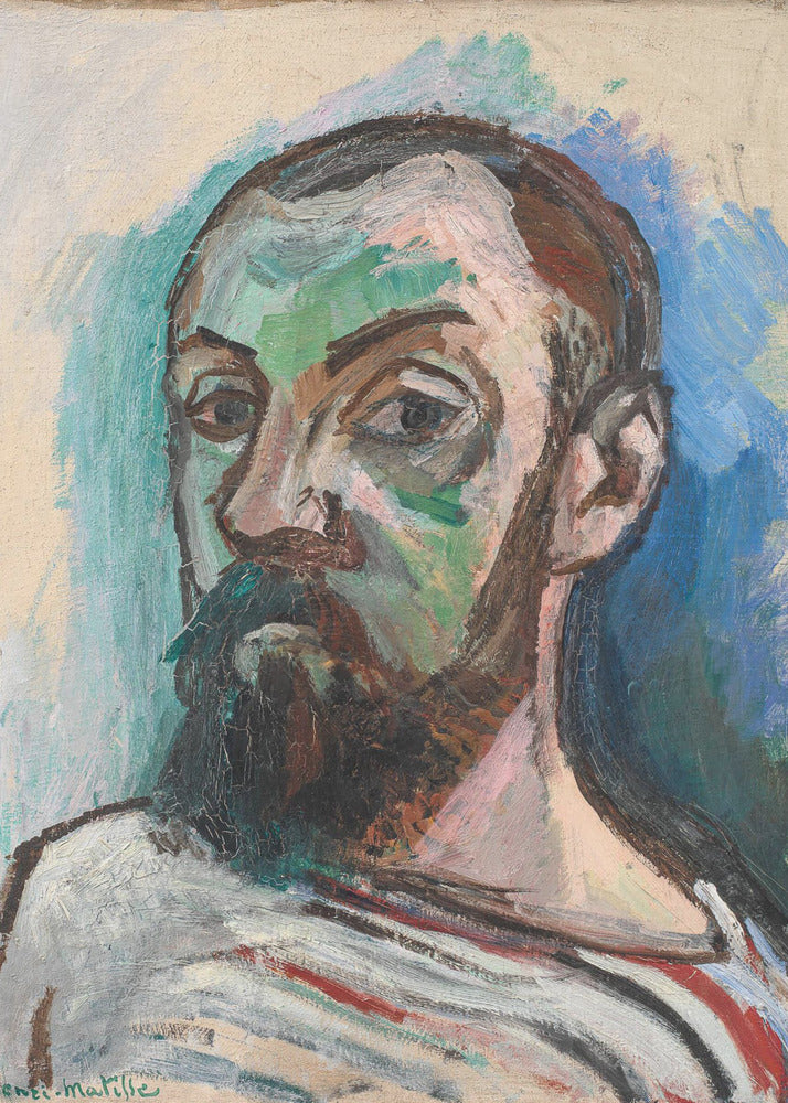 A Fauvist style self-portrait by Henri Matisse, characterized by bold, expressive brushstrokes and non-naturalistic colors. The subject's face is painted with patches of green and pink, and he has a dark beard and mustache. He wears a striped shirt and looks intently forward, against a background of vibrant blue and off-white. Print