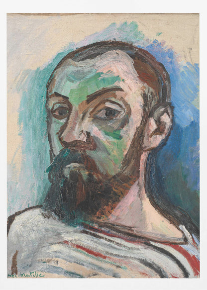 A Fauvist style self-portrait by Henri Matisse, characterized by bold, expressive brushstrokes and non-naturalistic colors. The subject's face is painted with patches of green and pink, and he has a dark beard and mustache. He wears a striped shirt and looks intently forward, against a background of vibrant blue and off-white. Print