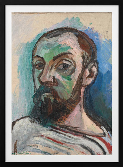 A Fauvist style self-portrait by Henri Matisse, characterized by bold, expressive brushstrokes and non-naturalistic colors. The subject's face is painted with patches of green and pink, and he has a dark beard and mustache. He wears a striped shirt and looks intently forward, against a background of vibrant blue and off-white. Print