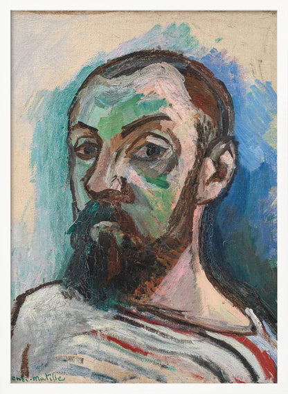 A Fauvist style self-portrait by Henri Matisse, characterized by bold, expressive brushstrokes and non-naturalistic colors. The subject's face is painted with patches of green and pink, and he has a dark beard and mustache. He wears a striped shirt and looks intently forward, against a background of vibrant blue and off-white. Print