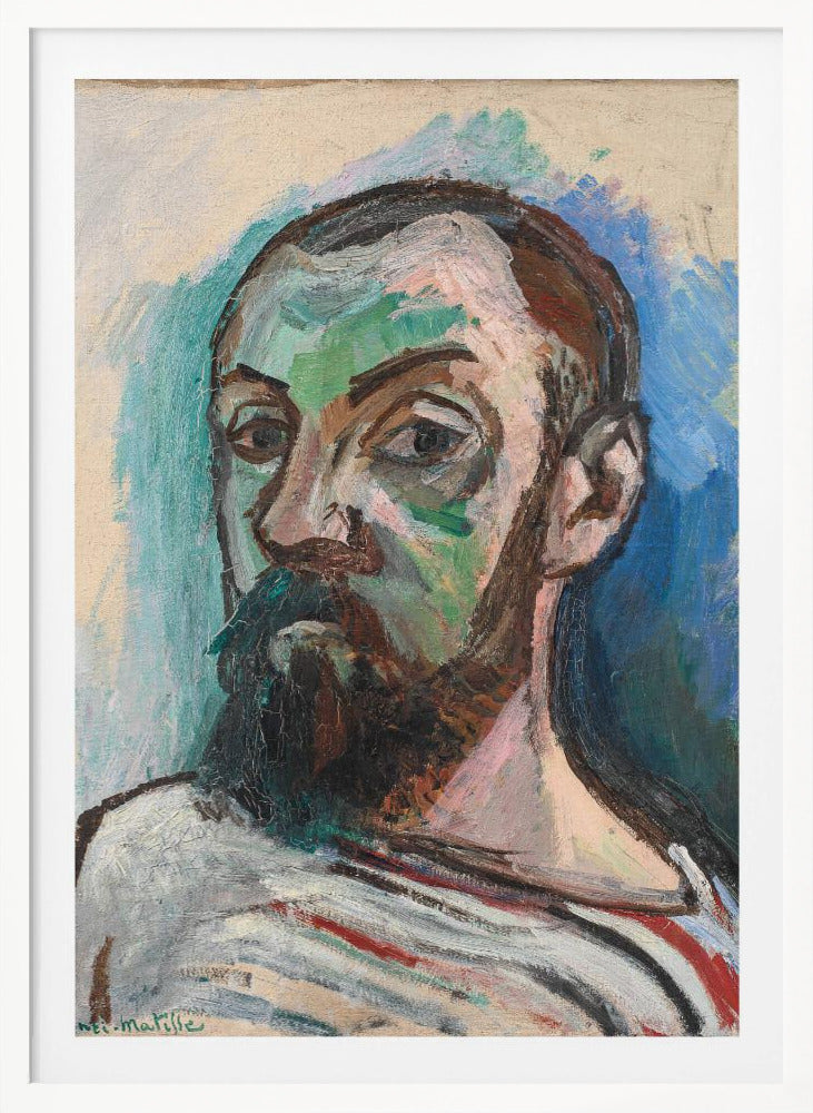 A Fauvist style self-portrait by Henri Matisse, characterized by bold, expressive brushstrokes and non-naturalistic colors. The subject's face is painted with patches of green and pink, and he has a dark beard and mustache. He wears a striped shirt and looks intently forward, against a background of vibrant blue and off-white. Print