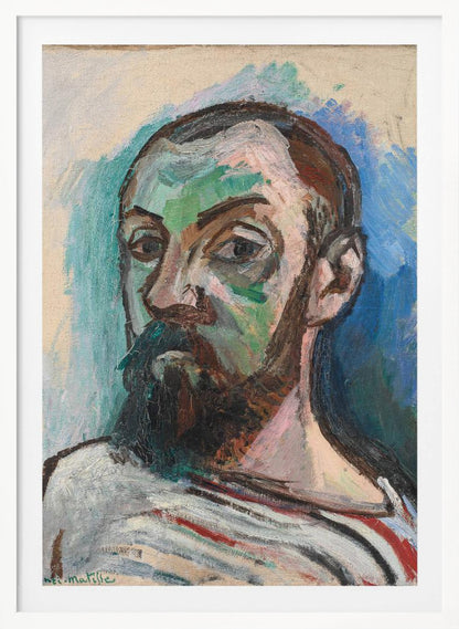 A Fauvist style self-portrait by Henri Matisse, characterized by bold, expressive brushstrokes and non-naturalistic colors. The subject's face is painted with patches of green and pink, and he has a dark beard and mustache. He wears a striped shirt and looks intently forward, against a background of vibrant blue and off-white. Print