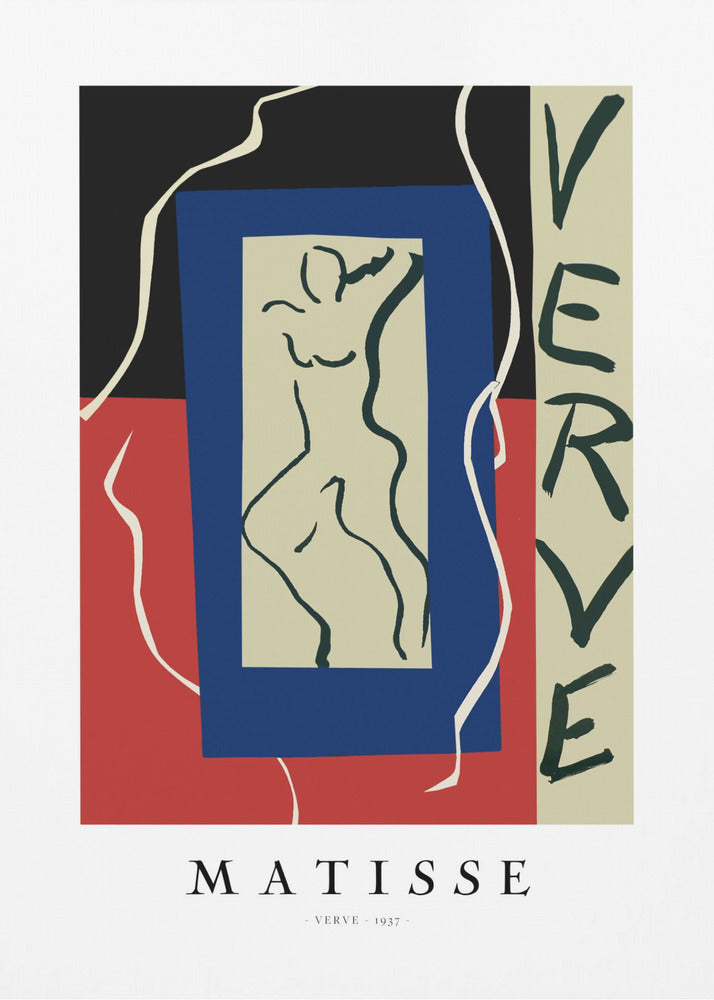 A framed art print of Henri Matisse's 'Verve' from 1937. The abstract composition features bold color blocks of black, red, and blue. In the center is a line drawing of a dancing figure, and the word 'VERVE' is written vertically on the right side. Poster