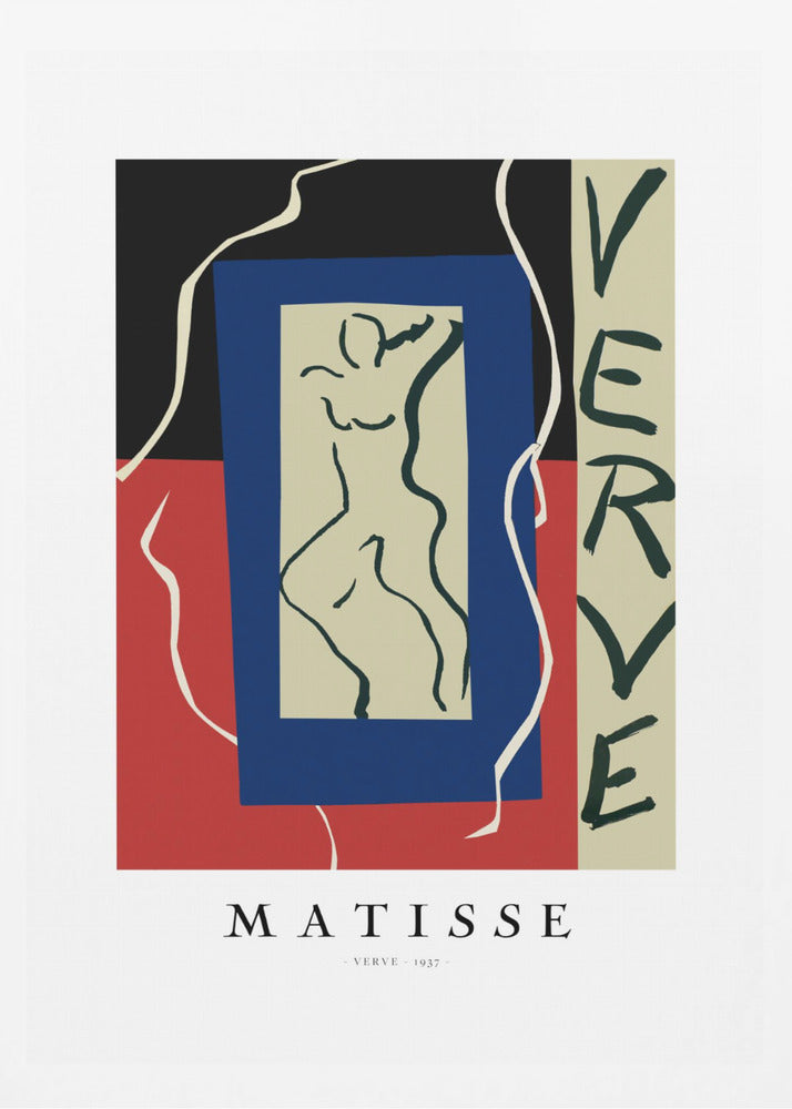A framed art print of Henri Matisse's 'Verve' from 1937. The abstract composition features bold color blocks of black, red, and blue. In the center is a line drawing of a dancing figure, and the word 'VERVE' is written vertically on the right side. Poster