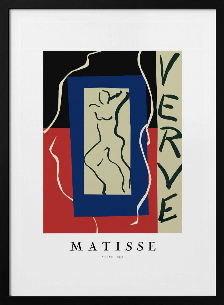 A framed art print of Henri Matisse's 'Verve' from 1937. The abstract composition features bold color blocks of black, red, and blue. In the center is a line drawing of a dancing figure, and the word 'VERVE' is written vertically on the right side. Poster