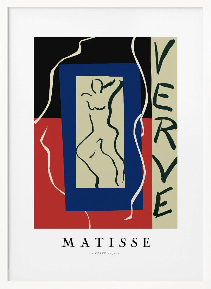 A framed art print of Henri Matisse's 'Verve' from 1937. The abstract composition features bold color blocks of black, red, and blue. In the center is a line drawing of a dancing figure, and the word 'VERVE' is written vertically on the right side. Poster